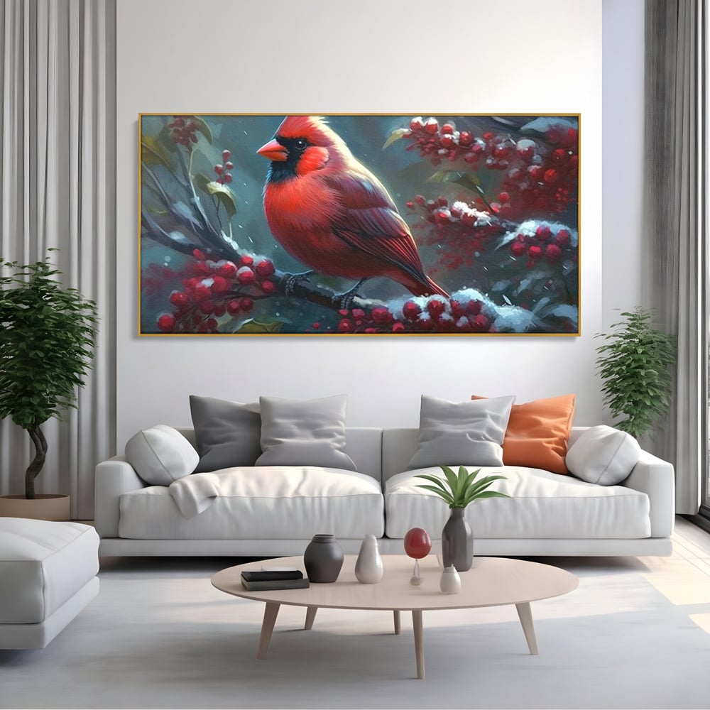 Tablou canvas cu tablou canvas cu pasare cardinal pe ramura inzapezita, in rama de aluminiu auriu, pe perete intr-un living
